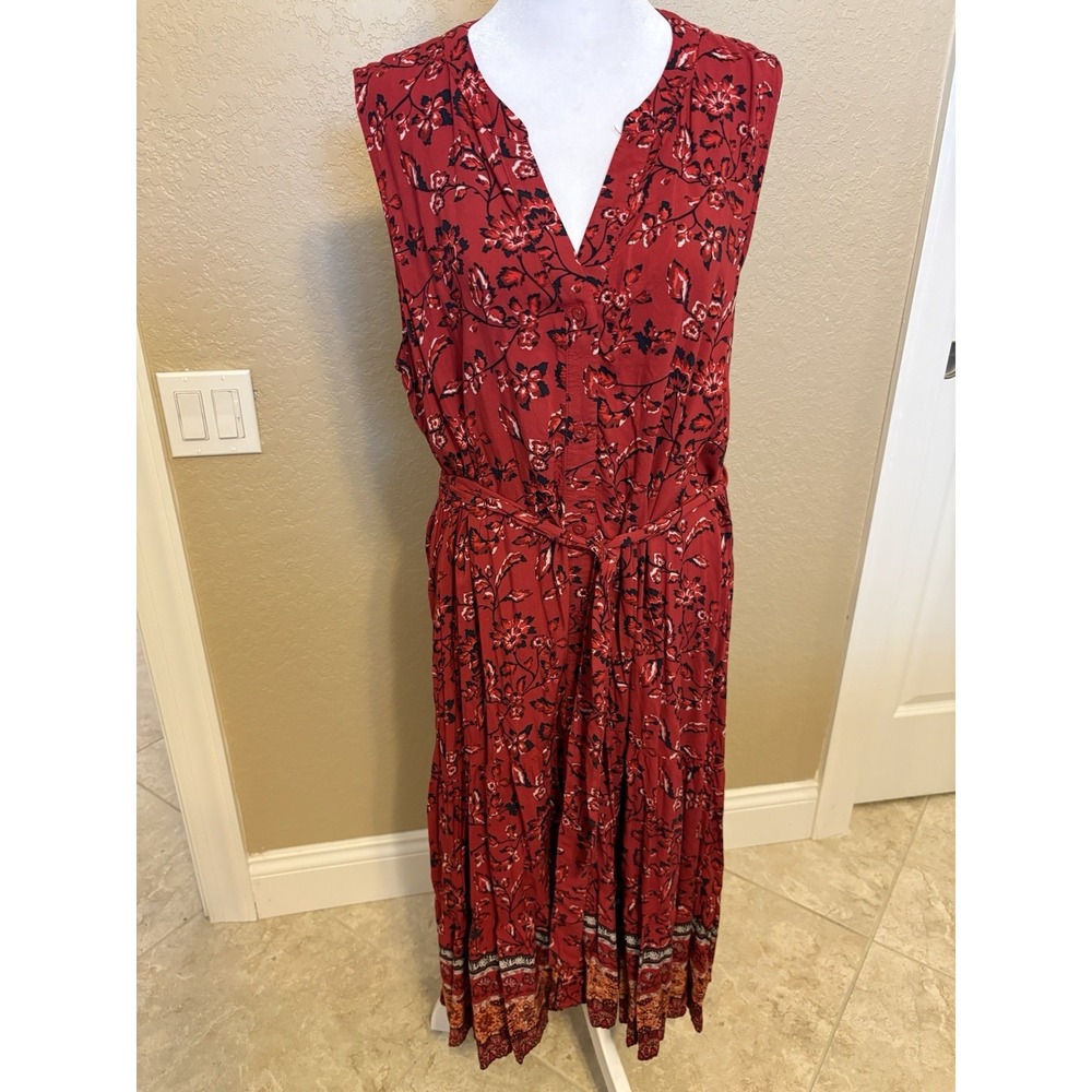 Beach Lunch Lounge Red Floral Bohemian Style Sleeveless‎ Midi Dress, Large